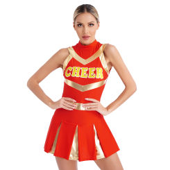 Womens Shiny Cheerleading Uniform Cheer Dance Dress Sleeveless Pleated Print Dress Youthful Schoolgirl Squad Cosplay Costumes