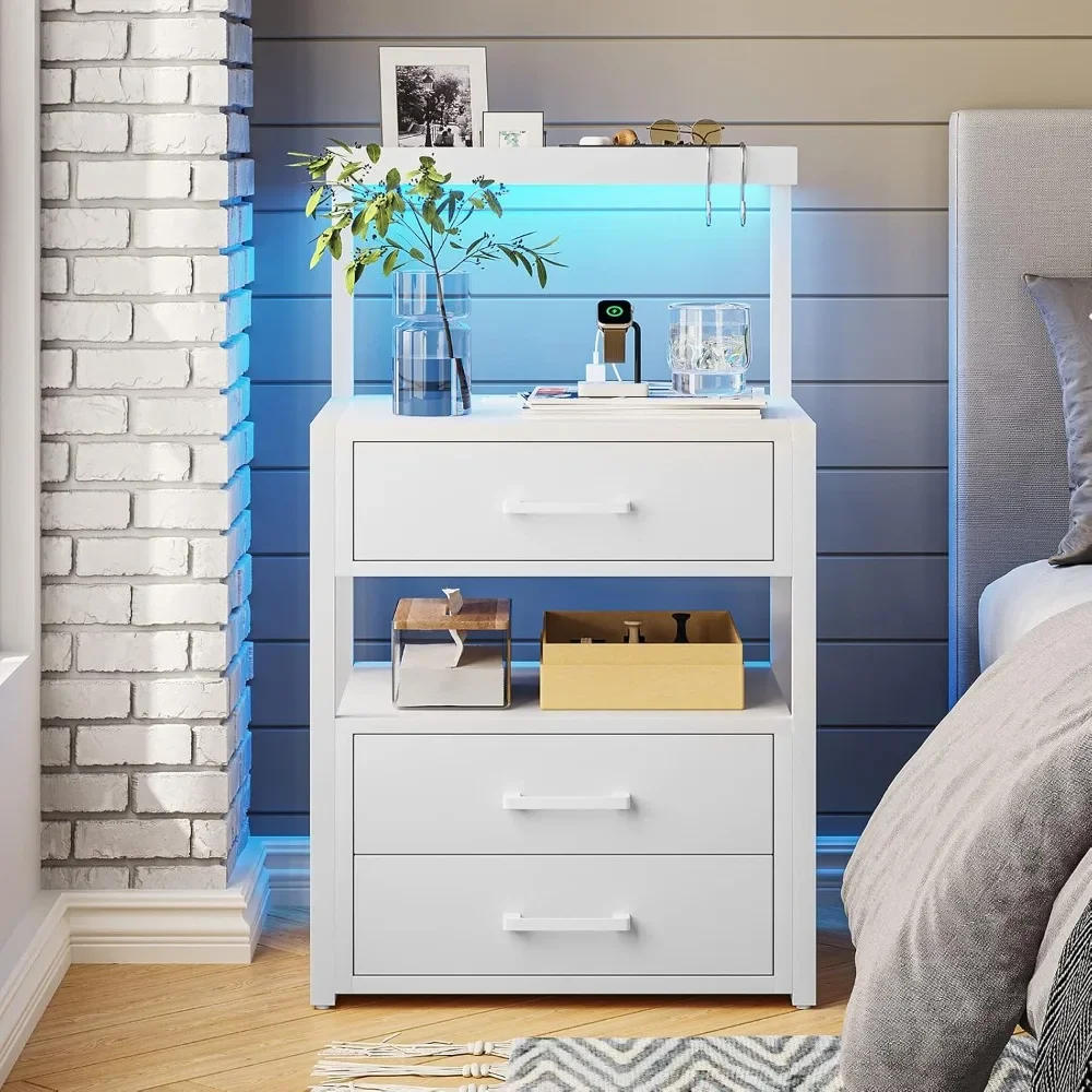 Description Picture 2 of itemNightstand with Charging Station and LED Lights, LED Night Stand with 2 USB Ports and 2 AC Outlets, Modern End Table with 3 Draw