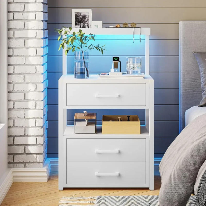 Description Picture 2 of itemNightstand with Charging Station and LED Lights, LED Night Stand with 2 USB Ports and 2 AC Outlets, Modern End Table with 3 Draw