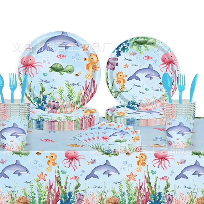 Description Picture 2 of item8pcs Sea Animals Disposable Tableware Sea Shark Plates Paper Cup Under The Sea Mermaid Theme Happy Summer Shark Birthday Party