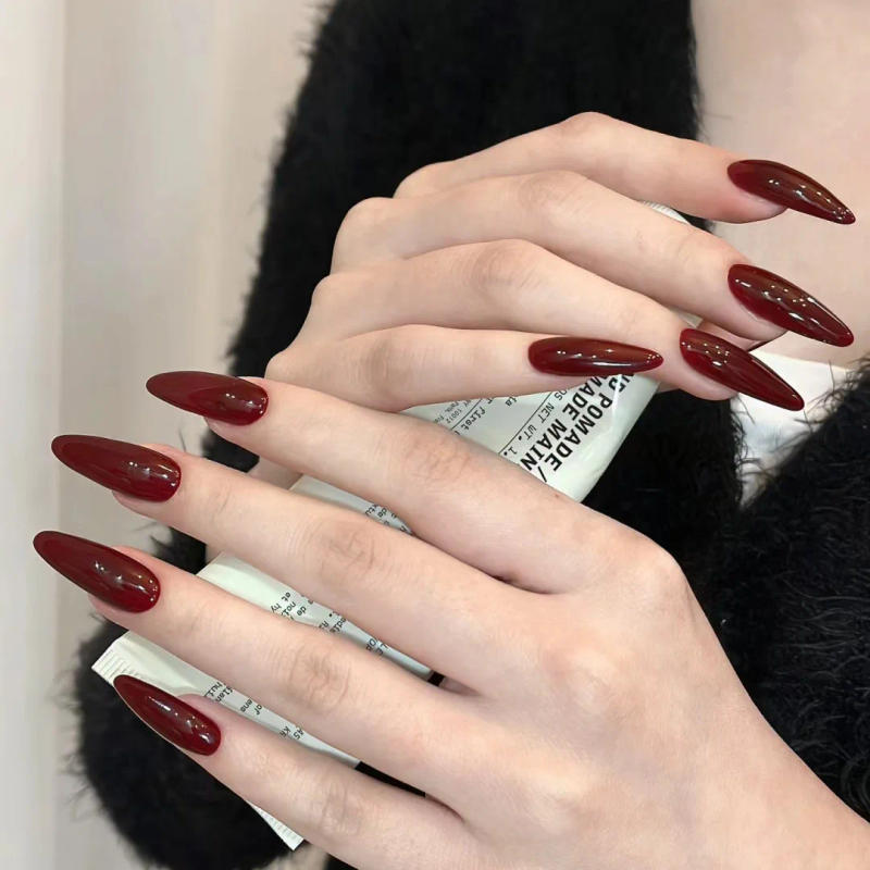 Description Picture 2 of item24pcs Almond Wine Red False Nails Classic Vintage Nail Stickers Fake Nails Press On Nail Tips Finished Long Artificial Nails