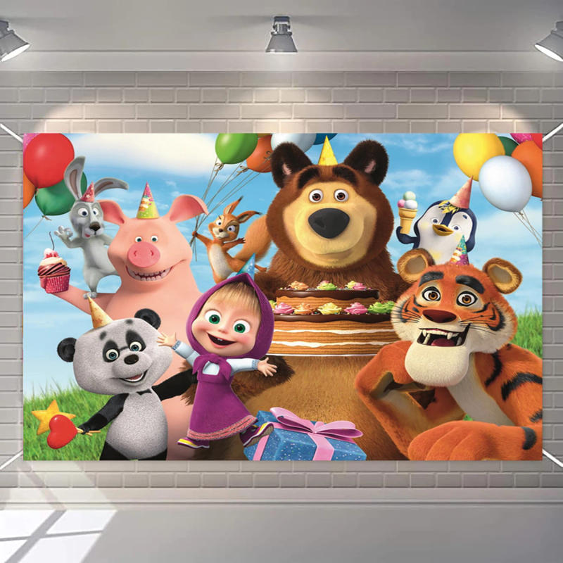 Description Picture 3 of itemDisney Mashas and Bear Theme Background for Children Birthday Party Baby Shower First Birthday Backdrop Party Decor Supplies