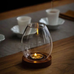 Glass Candlesticks with Cup Cover Round Transparent Candle Holders with Wood Base European Style Table Decoration Ornaments Home