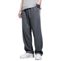 Men Casual Pants Waffle Texture Drawstring Elastic Waist Pockets Sports Pants Solid Color Full Length Casual Sweatpants