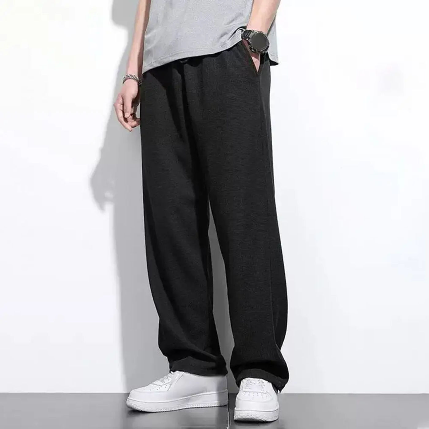 Description Picture 4 of itemMen Casual Pants Waffle Texture Drawstring Elastic Waist Pockets Sports Pants Solid Color Full Length Casual Sweatpants