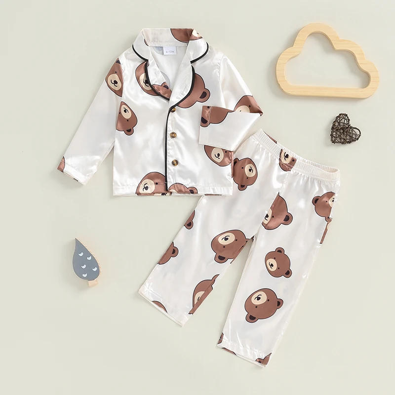 Description Picture 2 of itemKid Boy Girl Satin Pajama Set Bear Print Long Sleeve Button Down Tops Elastic Waist Pants 2 Piece Set for Fall