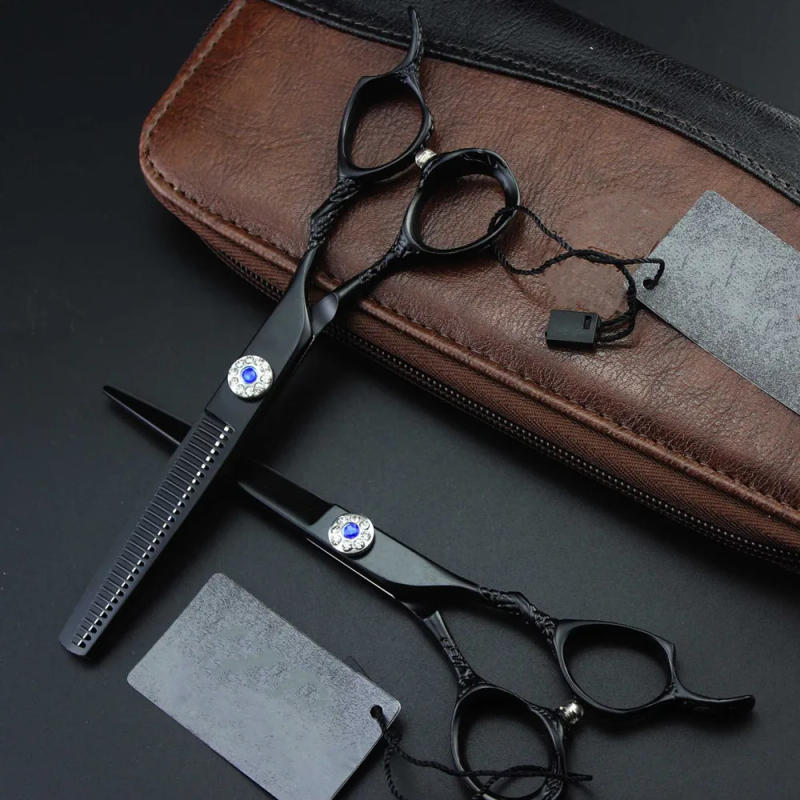 Description Picture 2 of itemProfessional Japan 440c 6 '' Black scissor Gem hair scissors haircut thinning barber tools cutting shears hairdresser scissors