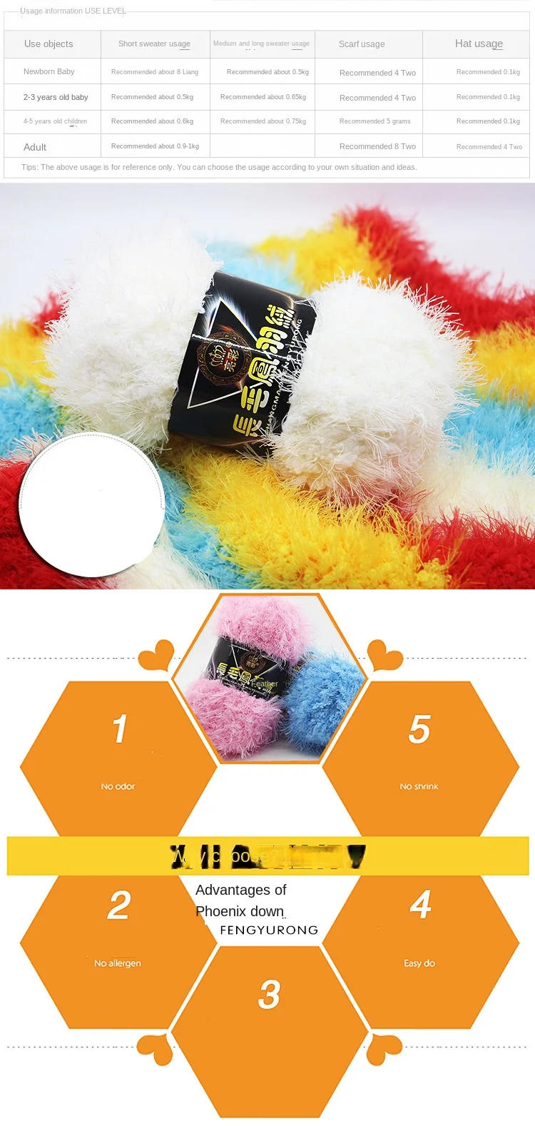 Description Picture 3 of itemNew Arrival Colorful Phoenix Feather Yarn for DIY Sweater Towel Scarf Faux Fur Knitting Yarn for Babies and Adults