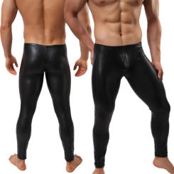 Sexy Men's Low-rise U Bulge Pouch Leather Leggings Night Club Stage Performance Skinny Pants Bodywear Male Faux Leather Leggings