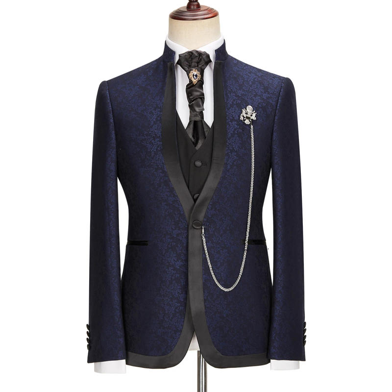 Description Picture 3 of itemModern Men's Suits Tailored 3 Pieces Jacquard Blazer Black Vest Pants One Button No Lapel Wedding Formal Custom Made Plus Size