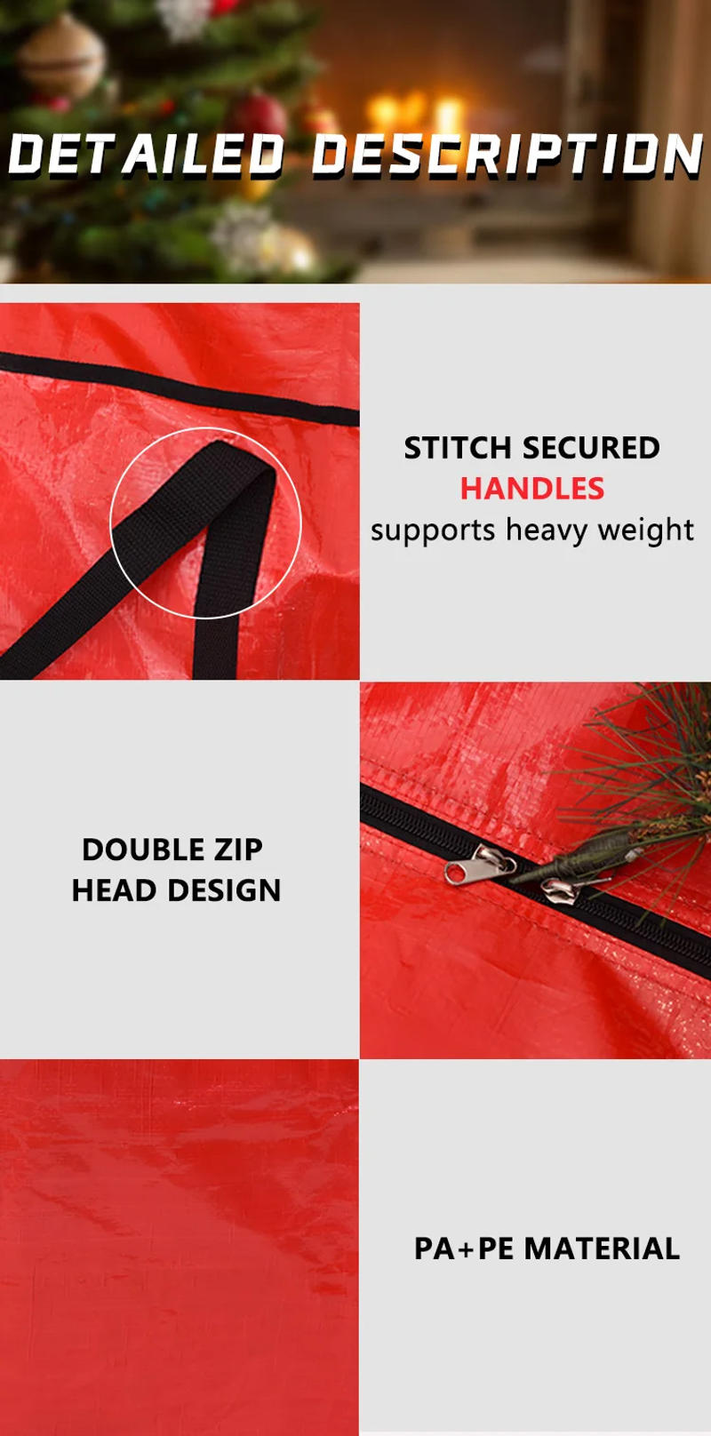 Description Picture 4 of itemChristmas Tree Storage Bag Fits5 6 7 9 Ft Artificial Trees Plastic Waterproof Christmas Bag Durable Handles Labeling Card Slot