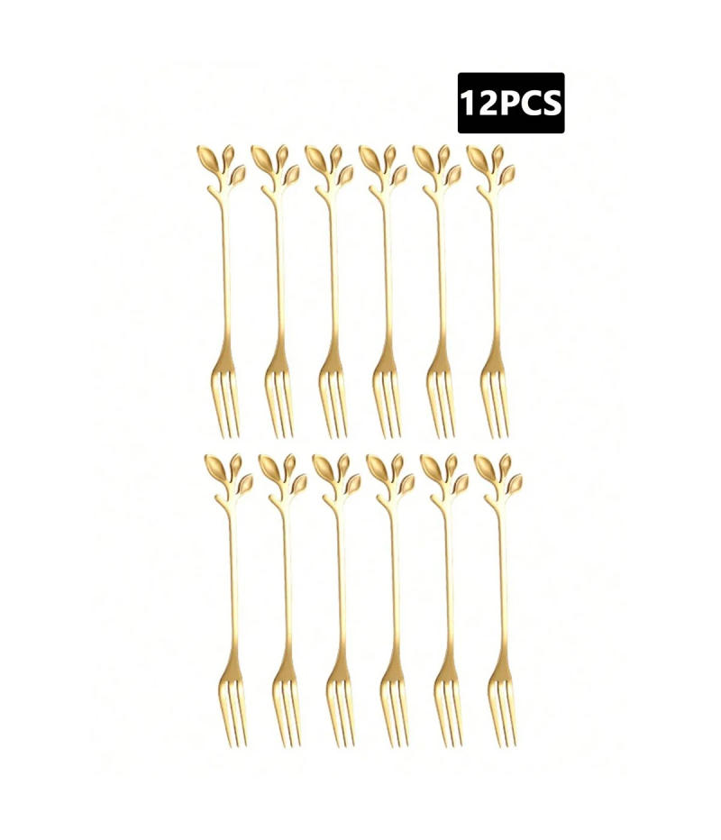 Description Picture 3 of item2/4/6/12pcs Stainless steel dessert fork, fruit fork, leaf handle design, suitable for home, afternoon tea, cafe