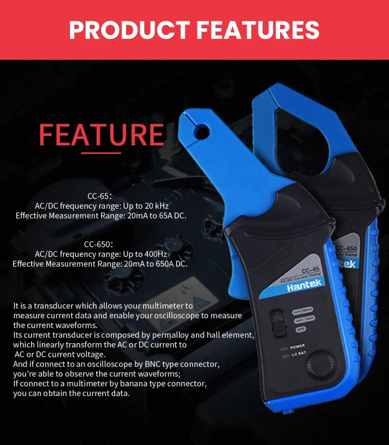 Description Picture 5 of itemAC/DC Current Clamp Meter Hantek Oscilloscopes CC65 CC650 AC/DC 20KHz 400Hz Bandwidth 1mV/10mA 65A/650A with BNC plug