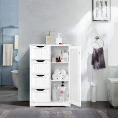 Wooden Floor Cabinet, Side Storage Organizer with 4 Drawers and 1 Cupboard, Freestanding Entryway Storage Unit Console