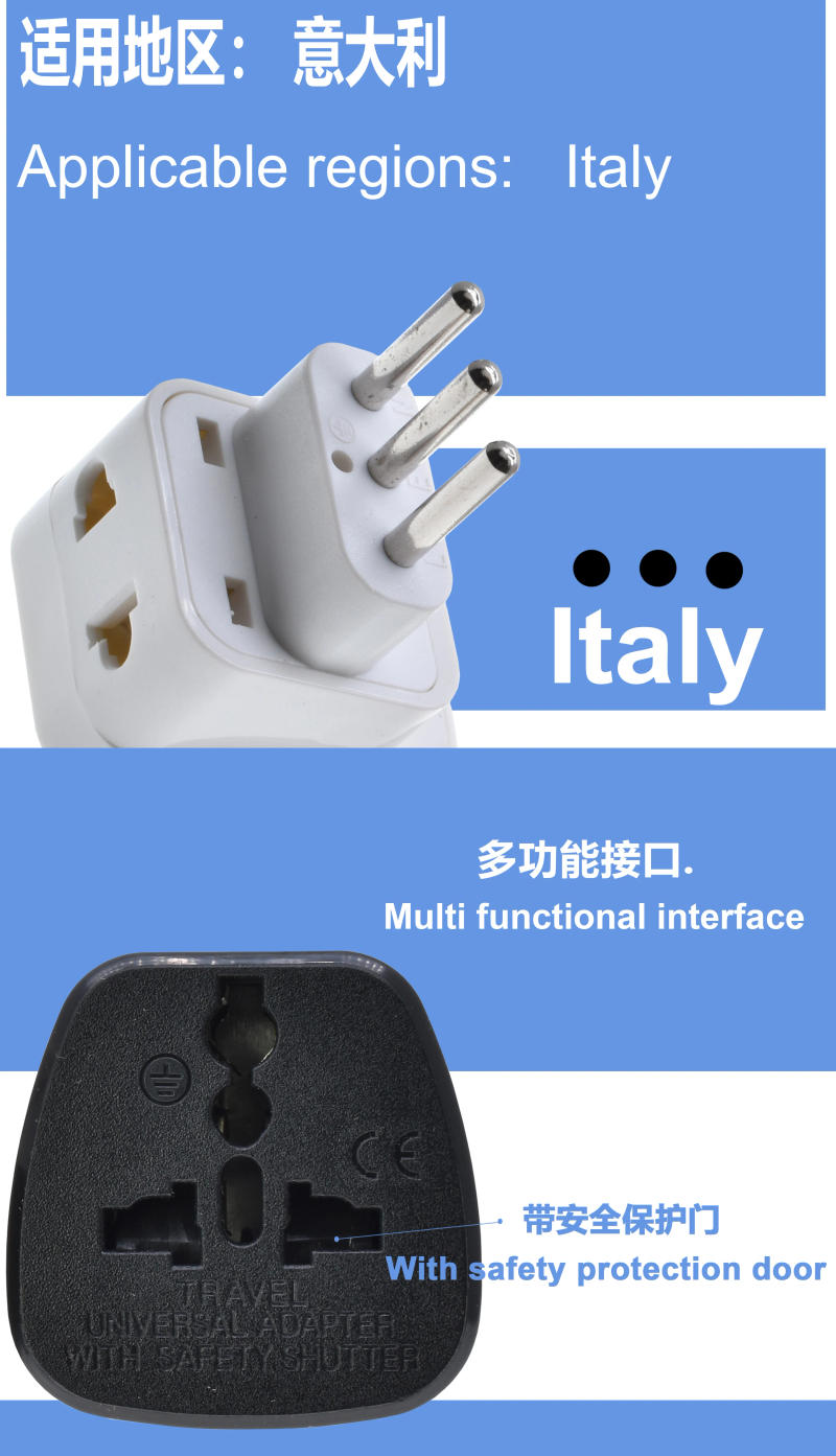 Description Picture 4 of itemHigh Quality Universal UK/US/EU/AU to Italy Italian 3pin Travel Plug One split two Converter Adapter Type L Plug Adaptor Convert