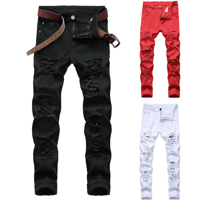 Description Picture 2 of itemMen's Fashion Hole Streetwear Trousers Solid Colour Slim Fit Zipped Jeans Denim Pants Stretch Hip Hop High Street Denim Trousers