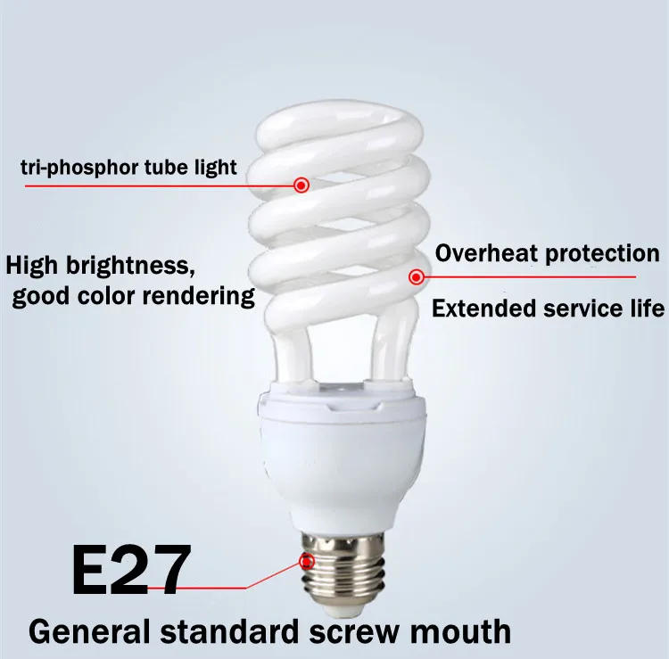 Description Picture 5 of itemAC170-240V E27 5W/45W  high power spiral tube energy saving lamp Fluorescent light bulb tube Spiral Fluorescent Light Bulb