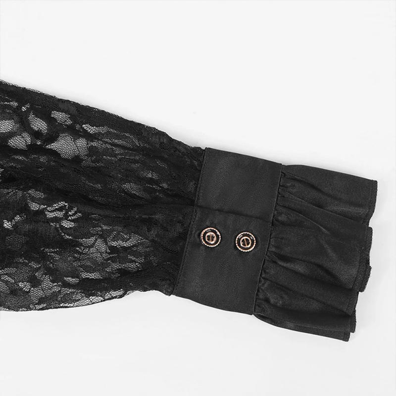 Description Picture 5 of itemTransparent Lace Floral Shirts And Blouses Solid Black Gothic Puff Sleeves Victorian Medieval Ruffle Collar Shirt Tops For Men