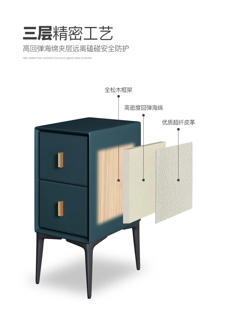 Description Picture 6 of itemNordic ultra-narrow leather bedside table modern minimalist home bedroom light luxury side cabinet solid wood small shelf