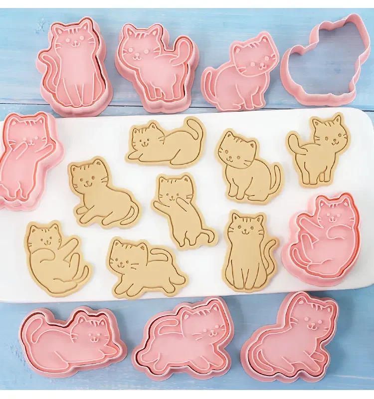 Description Picture 2 of item8Pcs Cat Cookie Mold Set Cartoon Cat Shape Cookie Stamp Fondant Cake Decoration Tools 3D Hand Pressure Plastic Biscuit Mold