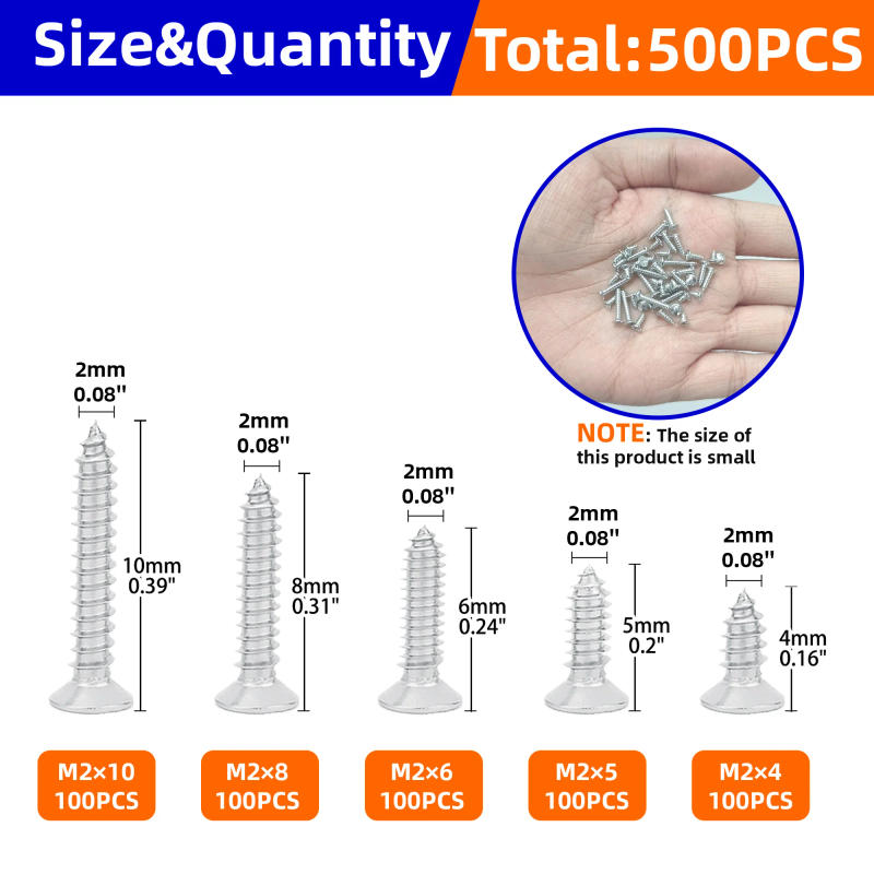 Description Picture 2 of item500pcs Flat Head Wood screws Assortment kit Phillips Tips screw set M2x4 M2x5 M2x6 M2x8 M2x10 Self-tapping Screws Wood Screw