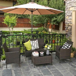 4 PCS Garden Furniture, Patio Furniture Set with 2 Chairs, 1 Sofa, 1 Coffee Table with Tempered Glass Top, Brown and Beige