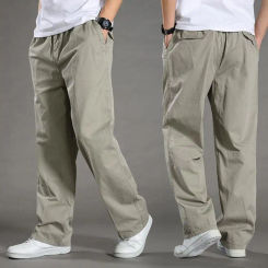 Solid Color Cargo Trousers Men's Spring Fall Cargo Pants with Elastic Waist Drawstring Casual Loose Fit Trousers with Large