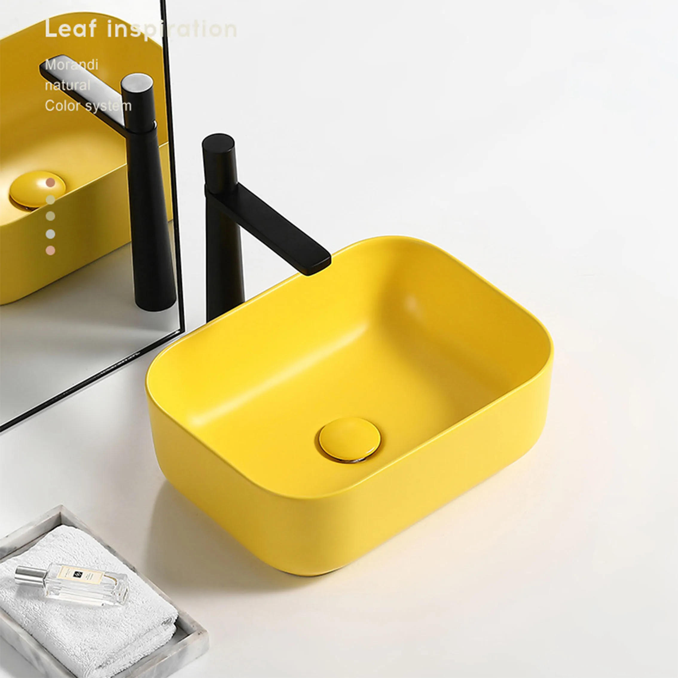 Description Picture 4 of itemCeramic Washroom Bathroom Sinks 9L Matte Yellow Basin Creative Countertop Wash Pool With Drainer Sets Faucet 50*40*14cm