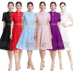 Fashionable Short Sleeve Hollow out Design French Lady Spring Summer New Arrival Women's Dress Elegant Waist Cinched Gown