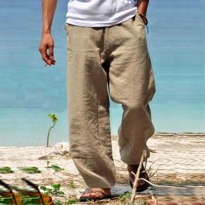 Description Picture 2 of item2024 Spring/Summer Men's Solid Color Casual Straight Tube Pants Simple and Versatile Loose Size Drawstring Beach Pants