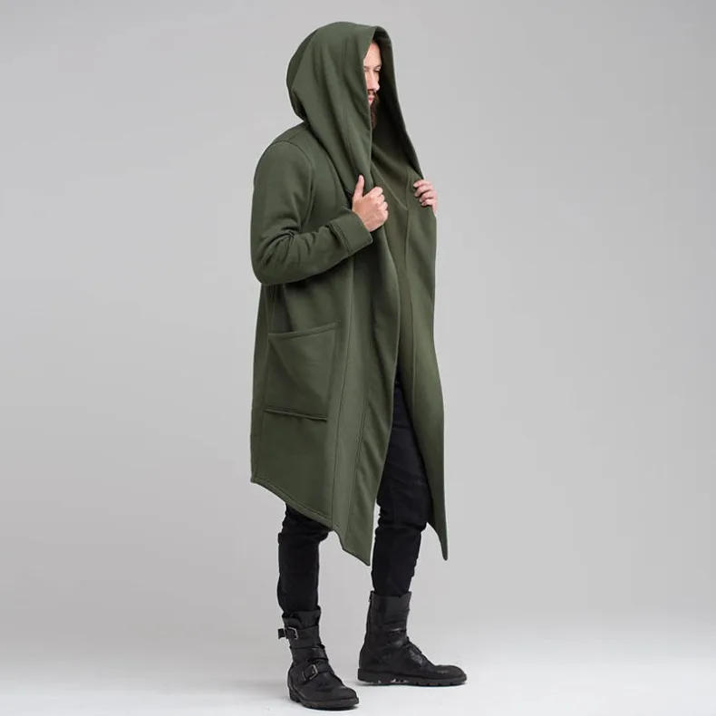 Description Picture 3 of itemMen's Long Hooded Open Stitch Coat, Solid Color Windbreaker for Autumn and Winter, European and American Style Cape