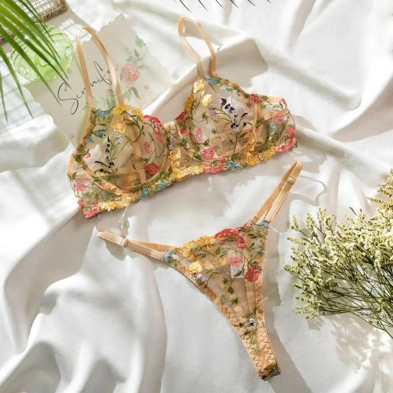 Description Picture 2 of item2-Piece Versatile Floral Lingerie Set Embroidery Sheer Boho Bra Panty Set Intimates