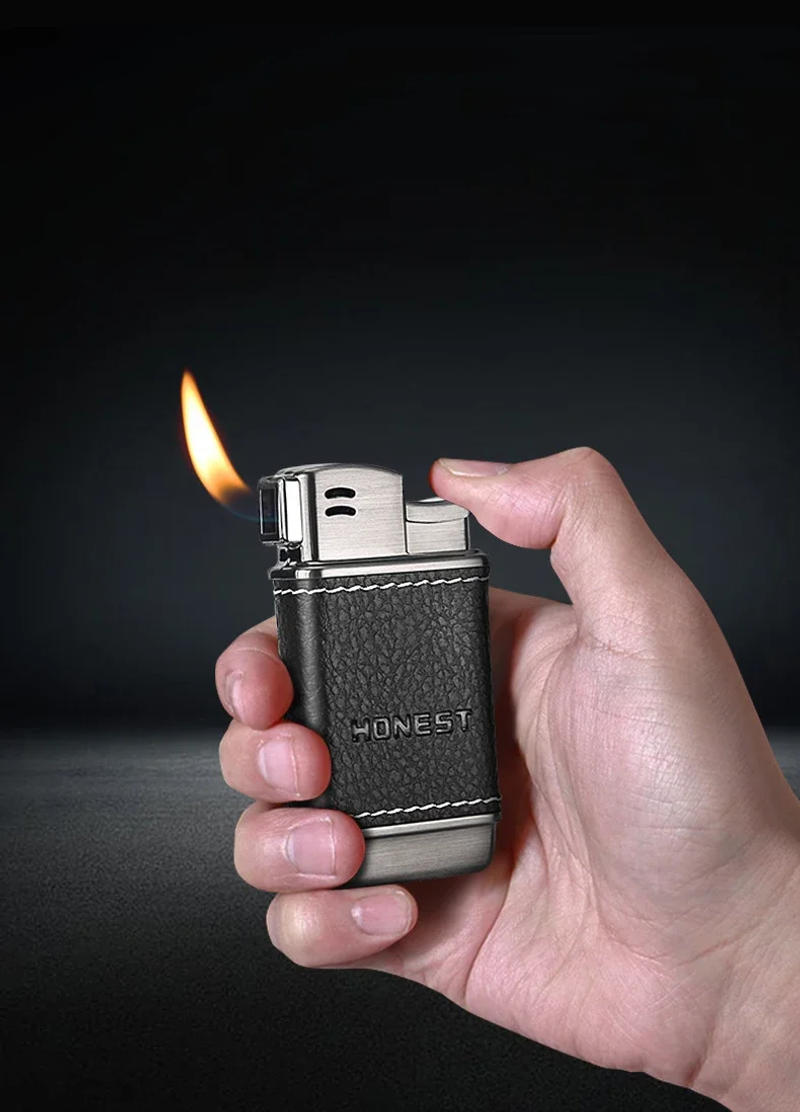 Description Picture 4 of itemHONEST Upscale Genuine Leather Metal Gas Cigar Lighter Oblique Out Open Flame Pipe Dedicated Cigarette Lighter Men's Gift