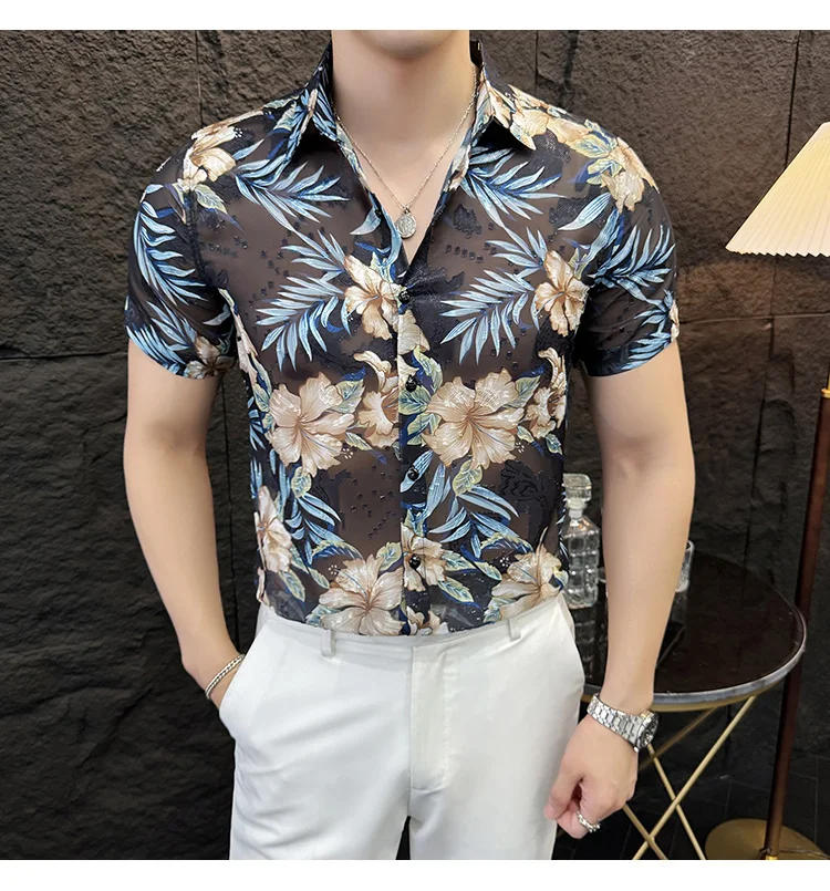 Description Picture 4 of itemBrand Clothing Male High Quality Short Sleeve Shirt for Summer Men Printed Lapel Cut-out Shirts Plus Size 4XL-M
