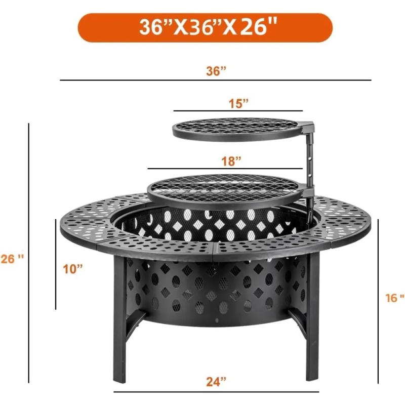 Description Picture 6 of item36 Inch Fire Pit with 2 Grills, Wood Burning Fire Pits for Outside with Lid, Poker and Round Waterproof Cover, BBQ& Outdoor Fire