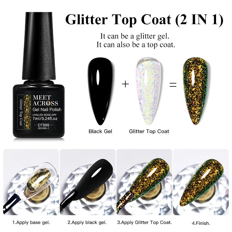 Description Picture 3 of itemMEET ACROSS 7ml Dark Color Glitter Top Coat Gel For Nails Brocade Powder 2 In 1 Chameleon Nail Art Gel Varnish Manicure