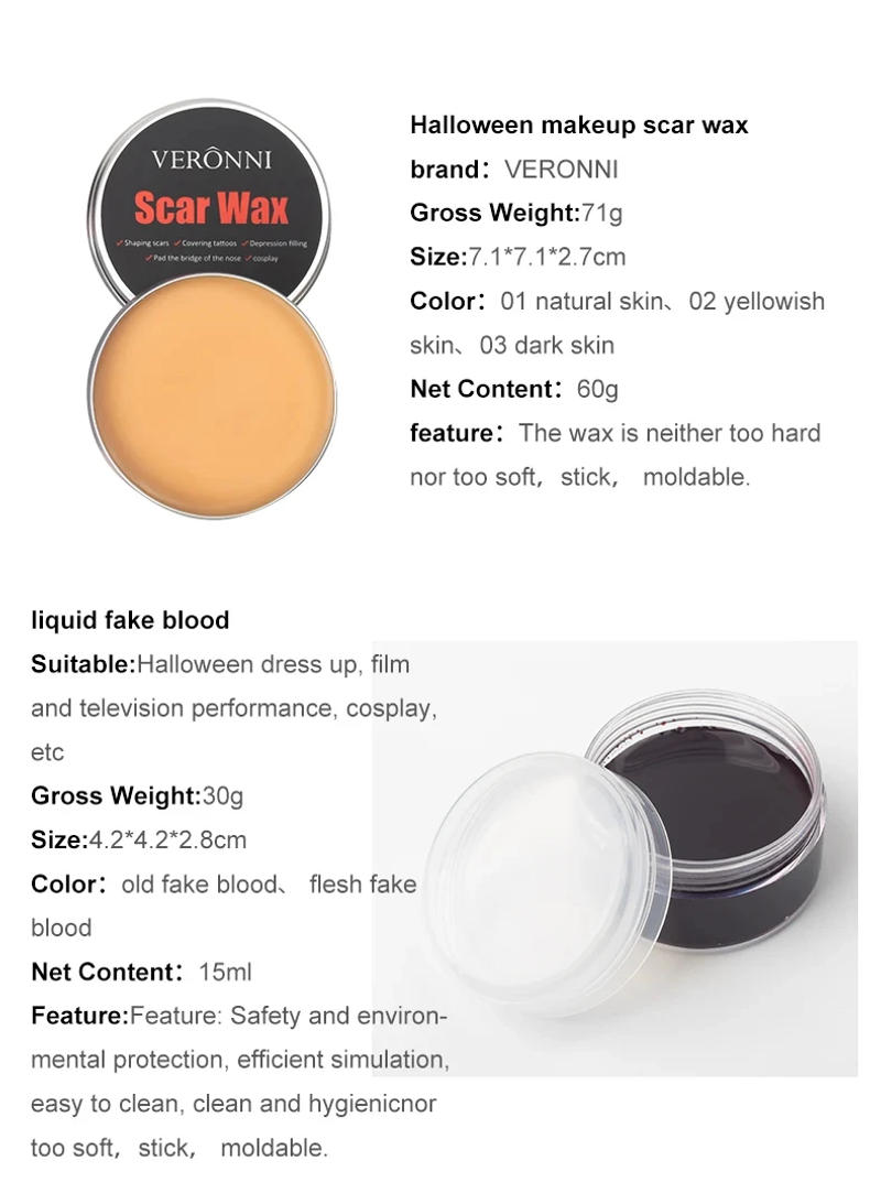 Description Picture 5 of itemFace Body Paint Sfx Makeup Kit Scars Wax Halloween Special Effects Stage Fake Blood Skin Wax with Spatula Stipple Sponge