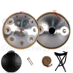 Handpan Drum in D Minor Kurd 9 10 12 14Notes 440Hz 432Hz 22 Inches Steel Hand Drum with Edge Woven Rattan knapsack Professional