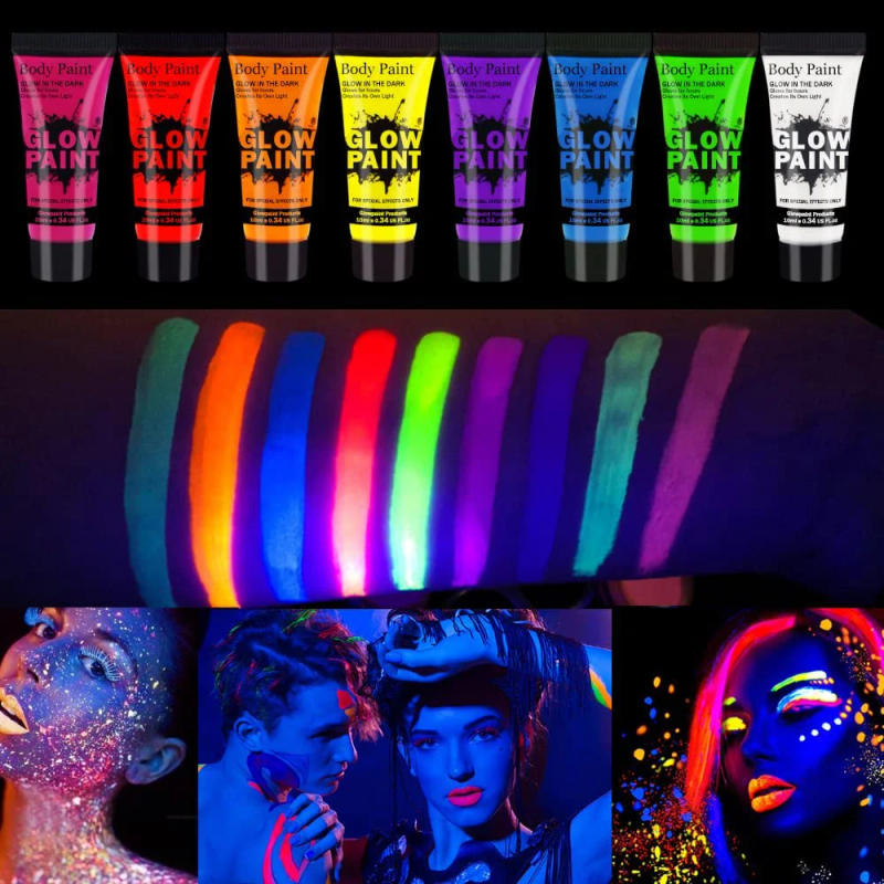 Description Picture 6 of item8 Pack UV Neon Face Paint Set Glow in the Dark Body Paint Fluorescent Brightest Glow Under UV for Child Makeup Halloween Party