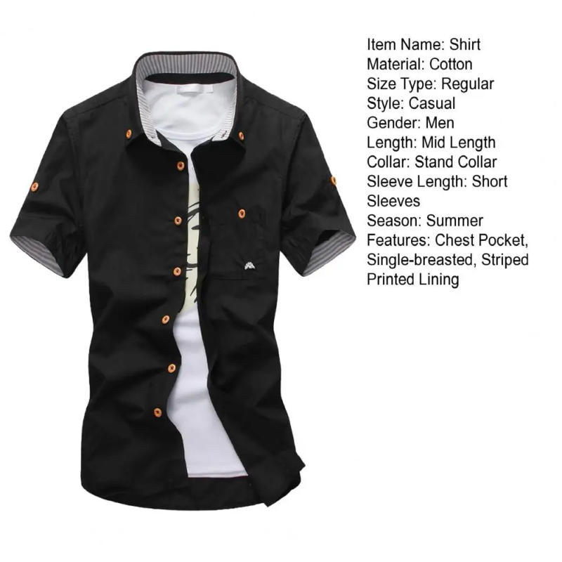 Description Picture 3 of itemSingle-breasted Men Shirt with Pocket Stylish Men's Cargo Shirt Striped Print Stand Collar Cardigan Mushroom for Travel