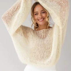 TYHRU Spring Summer Women's Knitted Sweaters Lady Hollow out Mesh Thin Pullover See Through Look Lantern Sleeve Loose Tops Smock