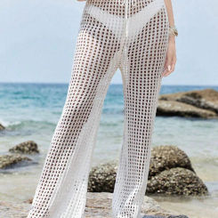 Fashionable and elegant knitted wide pants comfortable drawstring women's casual solid color hollow out pants women's clothin