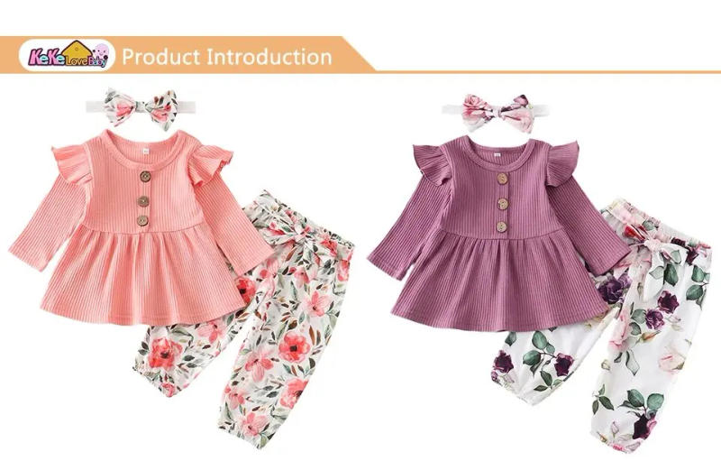 Description Picture 2 of itemNewborn Baby Girl Clothes Set Solid Knitting Long Sleeve Tops Floral Print Pants Headband 3Pcs Outfits Casual Infant Clothing
