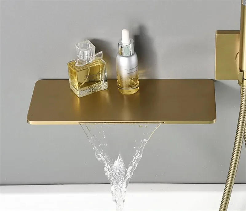 Description Picture 5 of itemBrushed Gold Bathtub Shower Faucet Set Brass Thermostatic Tap Mixer With Handheld Waterfall Black