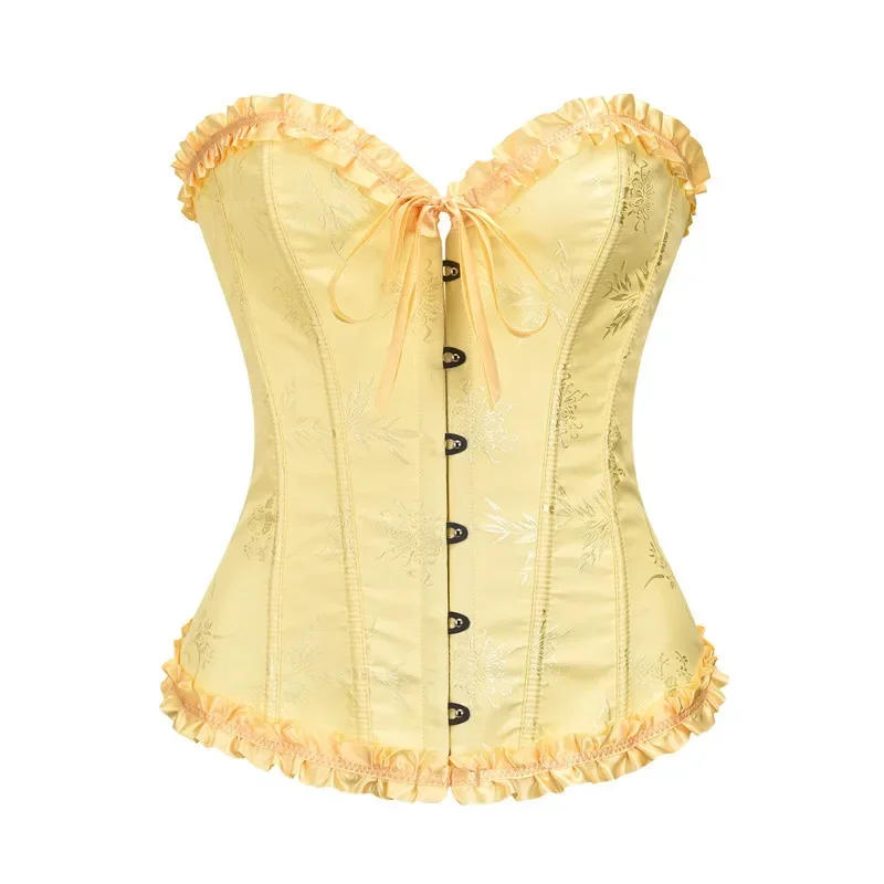 Description Picture 3 of itemFemme Orange Jacquard Ruffles Trim Sexy Overbust Corset For Women Plus Size Gothic Clothes Slim Waist Body Shaper Bustier XS-2XL