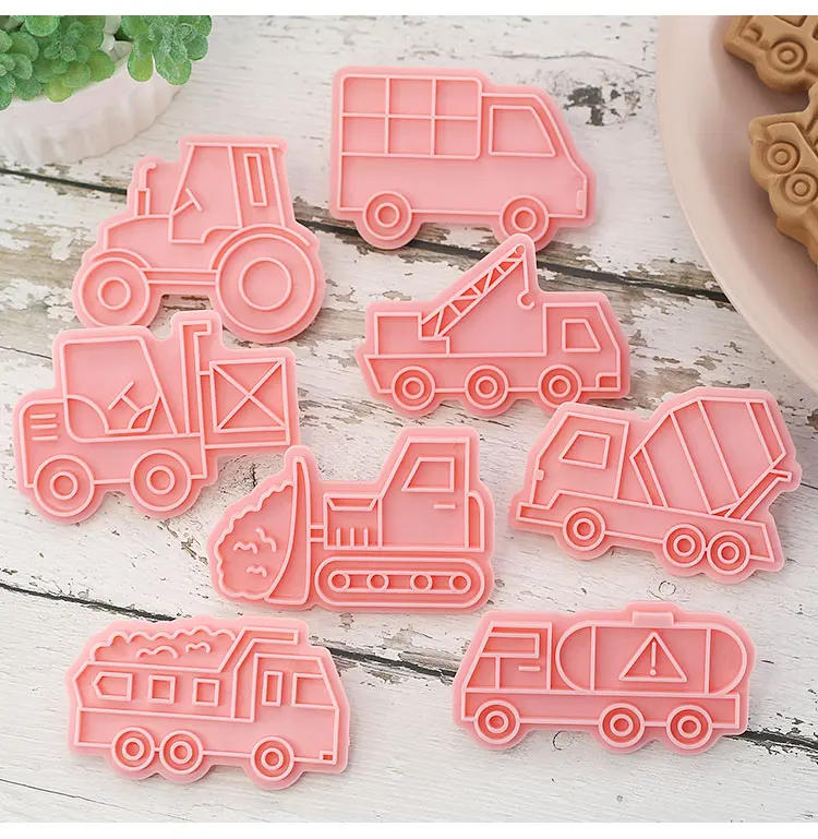 Description Picture 6 of item8 Pcs/set Engineering Truck Cookie Cutters Plastic 3D Cartoon Pressable Biscuit Mold Cookie Stamp Kitchen Baking Pastry Bakeware