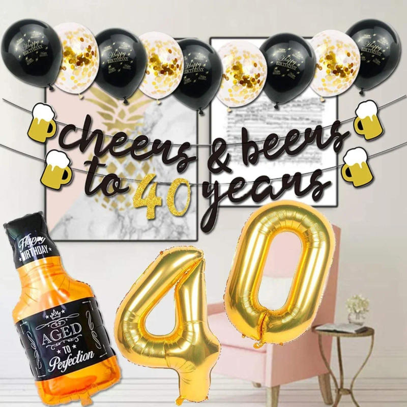 Description Picture 5 of itemCheers and Beers to 40 Years Banner Black and Gold Anniversary Birthday Party Decorations with Beer Mug Confetti Balloons