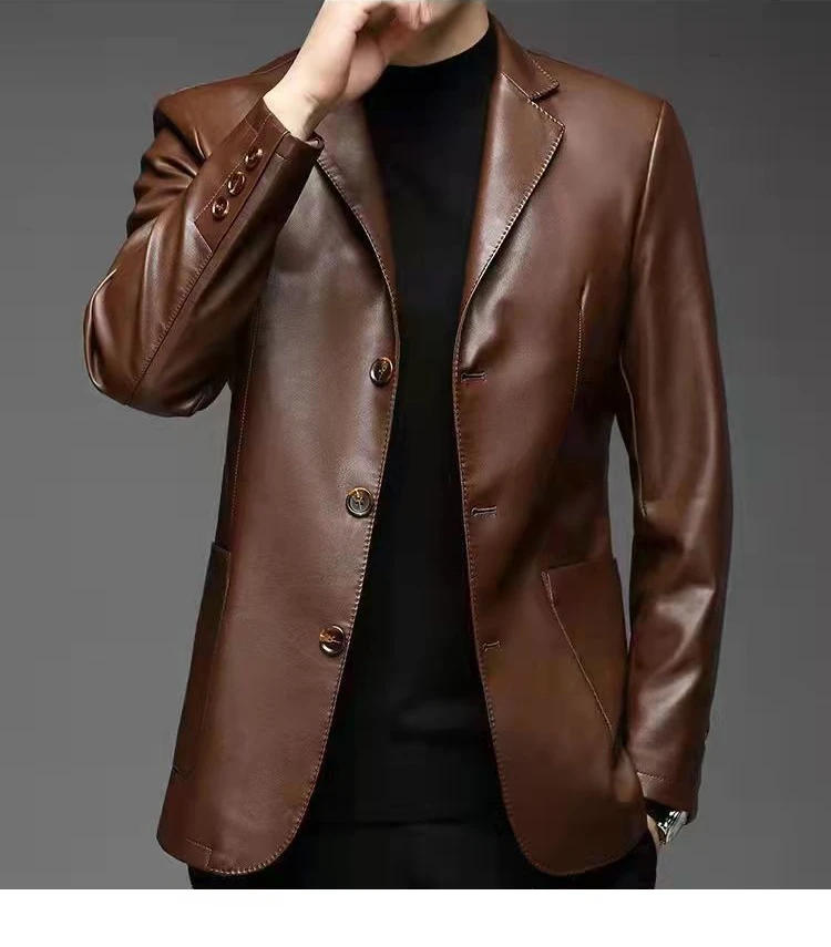 Description Picture 2 of item2023 New Spring and Autumn New Men's Leather Jacket Thin Plush Lapel High-End Business Casual Slim Suit Jacket  Anti-wind A27