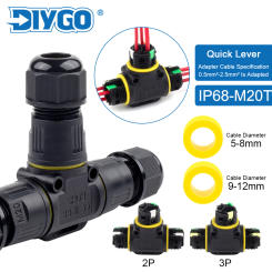 IP68 M20 T Type 3 Way Waterproof Cable Connector 2/3Pin Lever Wiring Terminal for Electrical Junction Box Outdoor Wire Connector