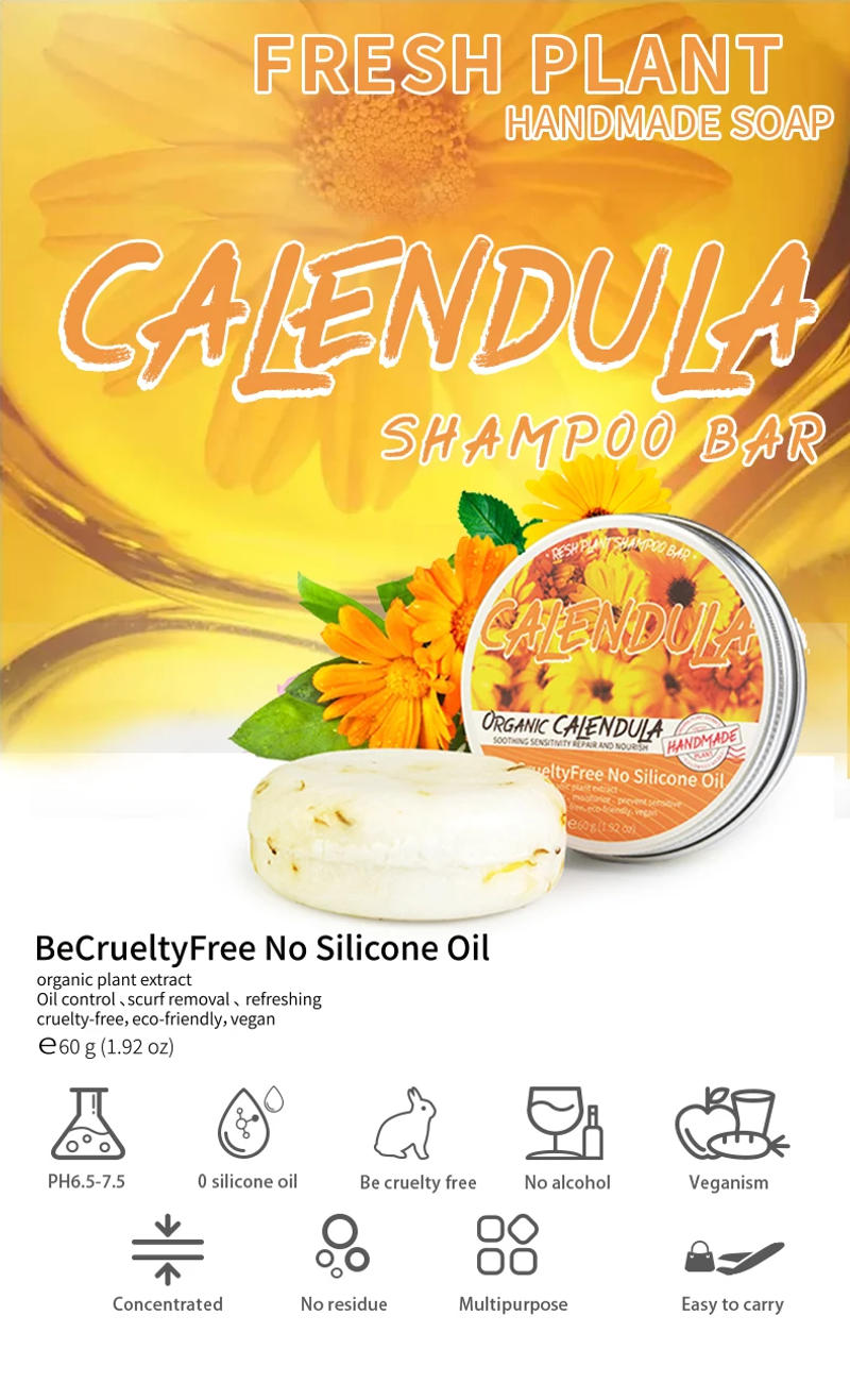 Description Picture 2 of itemCalendula plant shampoo soap has no silicone oil or residue, deeply cleanses the scalp, controls oil and removes oil